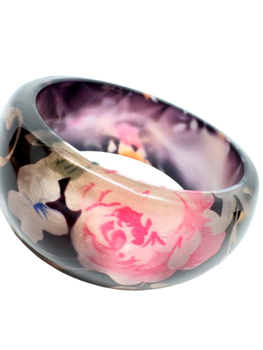 Wide Resin Floral Bangle Bracelet Pink Rose Floral Dark Translucent 8.5"